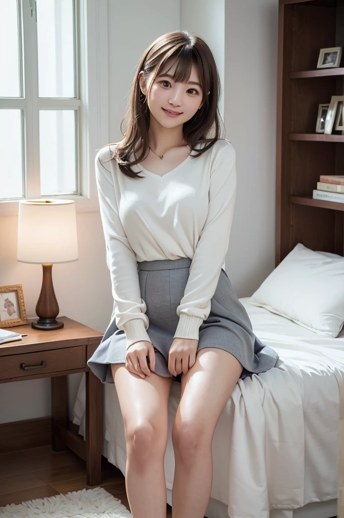 (Highest quality、masterpiece:1.9)、((Neat and clean female college student、1 person))、Soft lighting by a professional photographer、Natural light、((Very spacious white luxurious room:1.6))、((Bright white room:1.6))、(Sitting on a very luxurious white bed:1.2)、(White Bookcase:1.1)、Natural soft light、((Brown Hair:1.1))、Fair skin、Detailed Eyes、double eyelid、Slightly puffy cheeks、((Small Face:1.0))、((Grey knit dress、Please wear it with the chest open.:1.1))、Live-action image quality、(No bangs:1.8)、F cup big breasts、Grey mini skirt、Please wear it with the chest open.:1.2、(smile)、((Girly pose 1.8))、High resolution,、((Long Hair:1.2))、((Full Body Shot:1.2))、Live-action image quality、((Height: 150cm))、Hands in front、Hide your hands between your legs、
