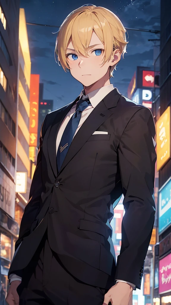 A half-body portrait of a young man with blond hair, blue eyes, wearing a plain black suit. Turn around and look back at the half-body image, colored lights, look back. city view at night