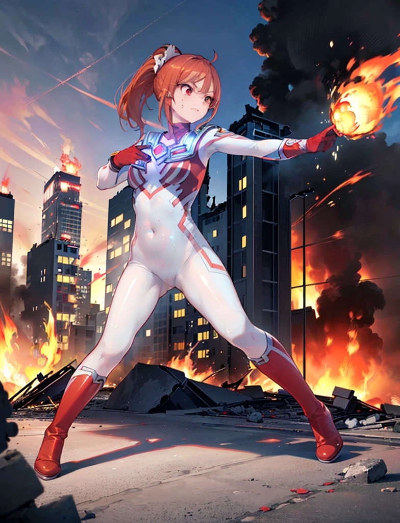 (Close-up:1.3),Realistic,Highest quality, Ultra Detail, High-quality CG rendering, The most delicate and beautiful, Floating softly, High resolution, (1 giant girl), (Highest quality,4K,8K,masterpiece:1.2),(All red hair:1.5), (ponytail:1.5),(Red eyes:1.5), (Ultra Girl:1.0), (All red Ultraman bodysuit:1.4),(Do not expose your skin:1.5),(Slightly larger breasts:1.5),(Clenched Fist:1.2),(Fighting pose with both hands in front of the chest:1.3),(Red gloves:1.3),(Red Shoes:1.3),(whole body:1.3),(Are standing:1.3),(A city engulfed in flames:1.3),(Buildings in flames:1.3),(Burning Ruins:1.3),(front:1.2),Angry face,Close your mouth,(sweating:1.3)