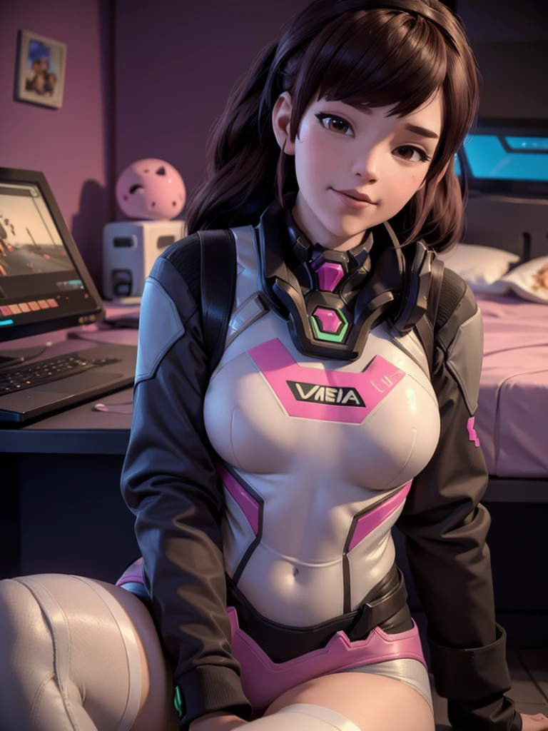 ((DVA from Overwatch)) without her mech, a woman with short brown hair in a (ponytail),she sits with her legs spread, high quality refelctions, volumetric lighting, she is wearing her classic pink white and blue full bodysuit, in her bedroom on her bed, 1 girl solo, cinematic lighting, high resolution, physically-based rendering, 8k, volumetric lighting, hyperrealistic, detailed facial features, masterpiece, full upper body, gaming setup in background, cinematic, you can see the fabric of the shirt and the knits very detailed,((she has very small breasts)), nsfw, the focus is on her whole body and the environment, cinematic screenshot, you can see the (whole room) and her sitting on the bed, the picture has a very soft look at soft textures, cute sleepy smile, her arms are on a game controller, DVA is gaming before sleeping, woman body