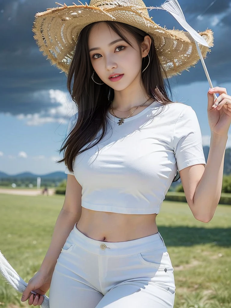 Look at this and smile、Colorful summer clothes、top quality、​masterpiece、超High resolution、(actual:1.4)、Very wide lens、close up、Young woman beautiful、Nice detailed eyes and skin、smile、Short brown hair haircut、bust、Small necklace、、straw fedora hat、、Summer sky、(highest image quality: 1.35), high quality, Realistic photo, (A beautiful woman:1.33), beautiful expression, (delicate eyes:1.3), (delicate face:1.3), Smile, (light hair silhouette:1.2), Super detailed , high resolution, Athletic figure, (big breasts:1.25), (long hair:1.2), (beautiful woman), (Cute navel:1.2), ( Depth of field f/1.8:1.45 ), sharp focus, original image , (Thin white shirt:1.45), (Thin white pants:1.4), (Thin white tight pants:1.4 ), (shirt thin white eyelashes:1.4), (thick thighs:1.5), (forward facing:1.25), (cowboy photo:1.4), (night sports:1.4), ( dark sky:1.5 ),