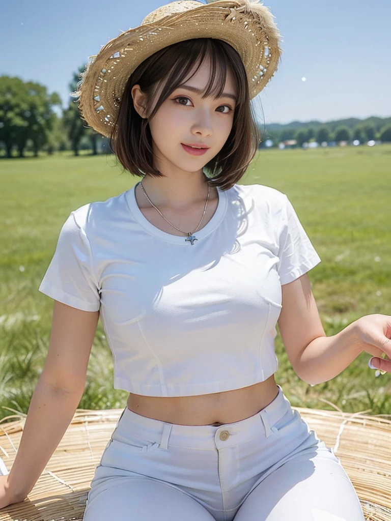 Look at this and smile、Colorful summer clothes、top quality、masterpiece、超High resolution、(actual:1.4)、Very wide lens、close up、Young woman beautiful、Nice detailed eyes and skin、smile、Short brown hair haircut、bust、Small necklace、、straw fedora hat、、Summer sky、(highest image quality: 1.35), high quality, Realistic photo, (A beautiful woman:1.33), beautiful expression, (delicate eyes:1.3), (delicate face:1.3), Smile, (light hair silhouette:1.2), Super detailed , high resolution, Athletic figure, (big breasts:1.25), (long hair:1.2), (beautiful woman), (Cute navel:1.2), ( Depth of field f/1.8:1.45 ), sharp focus, original image , (Thin white shirt:1.45), (Thin white pants:1.4), (Thin white tight pants:1.4 ), (shirt thin white eyelashes:1.4), (thick thighs:1.5), (forward facing:1.25), (cowboy photo:1.4), (night sports:1.4), ( dark sky:1.5 ),