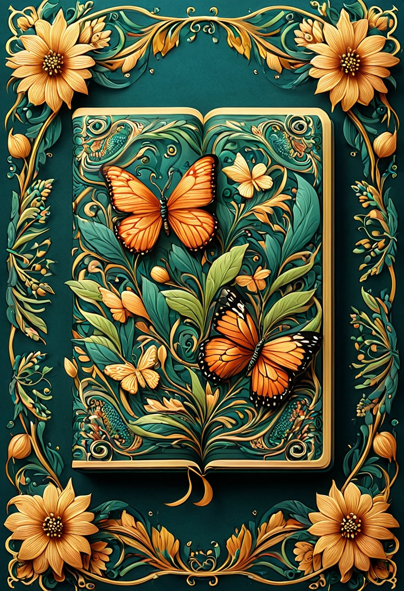 illustration of a book with a floral border, vector art by Maksimilijan Vanka, behance contest winner, art nouveau,cakes, illustrated in whimsical style, harmony of butterfly, butterflies and worms, beautifully illustrated, adobe illustrator art, fabulous illustrations, flowers and butterflies, vector illustration, illustrations, highly detailed illustration, detailed illustrations, a beautiful artwork illustration