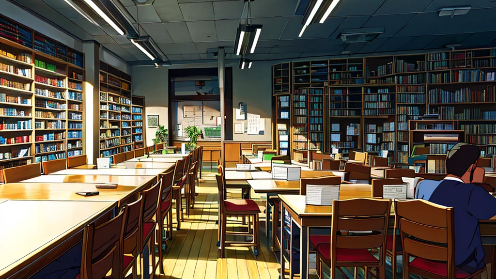 Um encontro casual em uma biblioteca silenciosa, where the characters exchange shy glances, 2 pessoas sentadas, The whisper of delicately turning pages,
The soft sound of pencils scratching paper in a notebook,
O leve rangido de prateleiras ao serem movidas para pegar livros.