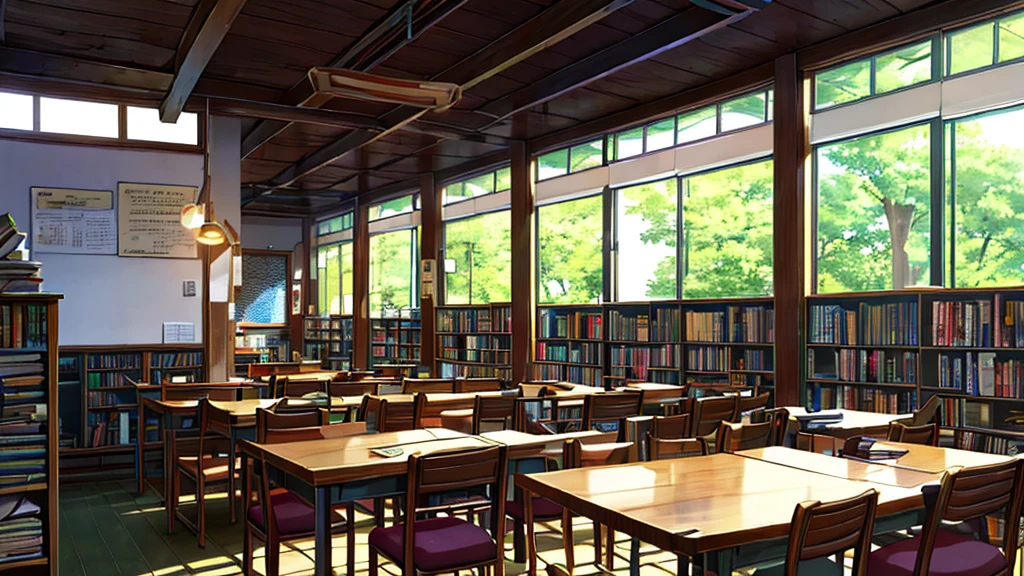 Um encontro casual em uma biblioteca silenciosa, where the characters exchange shy glances, 2 pessoas sentadas, The whisper of delicately turning pages,
The soft sound of pencils scratching paper in a notebook,
O leve rangido de prateleiras ao serem movidas para pegar livros.