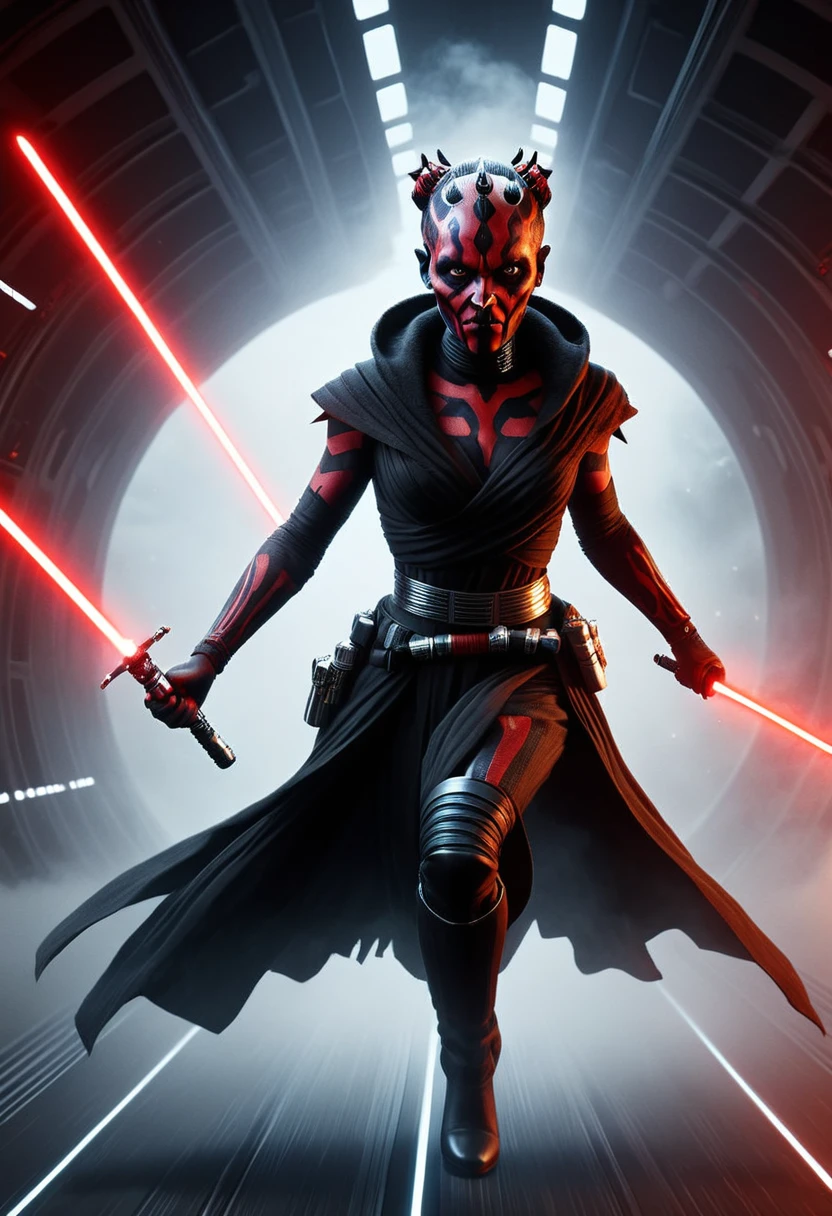 a Star Wars character, a Sith, Hyper detailed portrait of Zabrak woman Darth Maul, incredibly beautiful and dangerous, with Sith lightsaber in hand, runs along the deck of a spaceship, epic emotions and movements, galaxy fog, Perfect Composition, aesthetic, scandalous pose, full body, hyper realism, 5D Dimension, unreal engine, galaxy, 3d octane rendering, CGI, dark fantasy, by Zack Snyder
