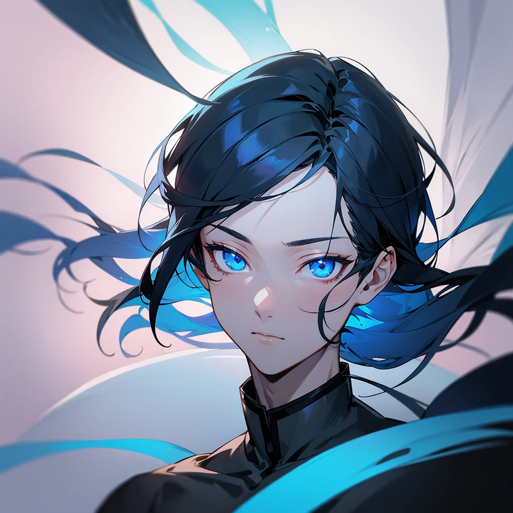 Picture of the face (not showing the body): anime image of a boy with androgynous, delicate features, fair skin, long dark blue almost black hair, and glowing blue eyes, looking sideways.