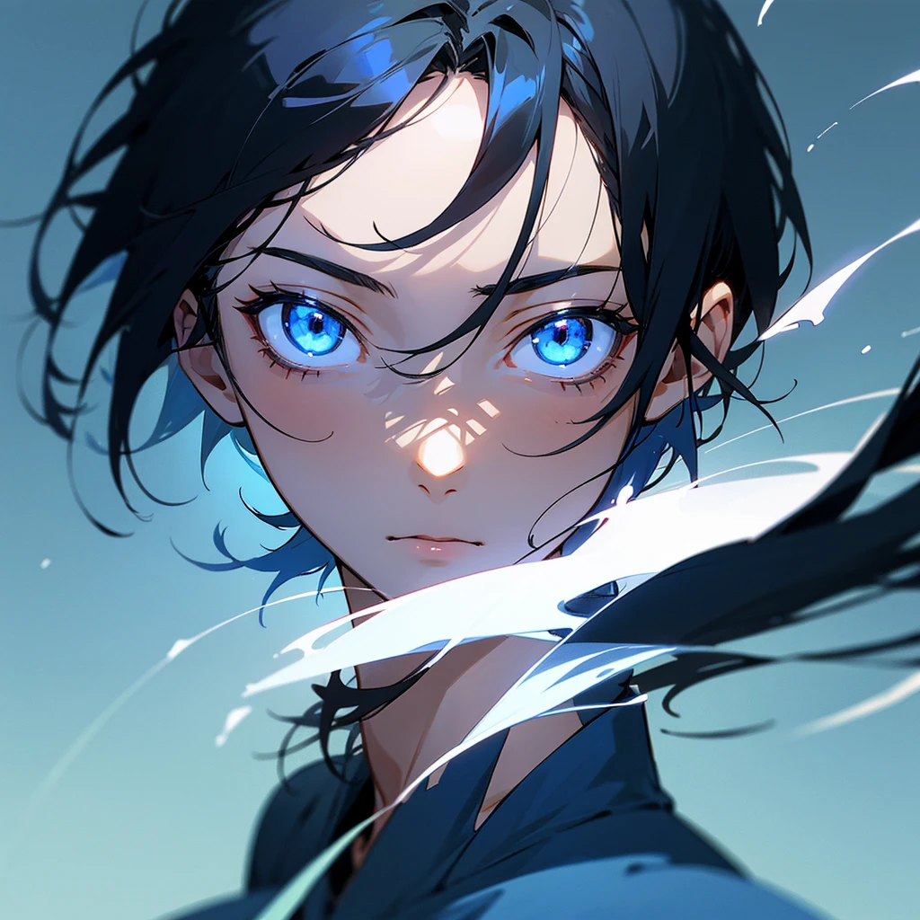 Picture of the face (not showing the body): anime image of a boy with androgynous, delicate features, fair skin, long dark blue almost black hair, and glowing blue eyes, looking sideways.