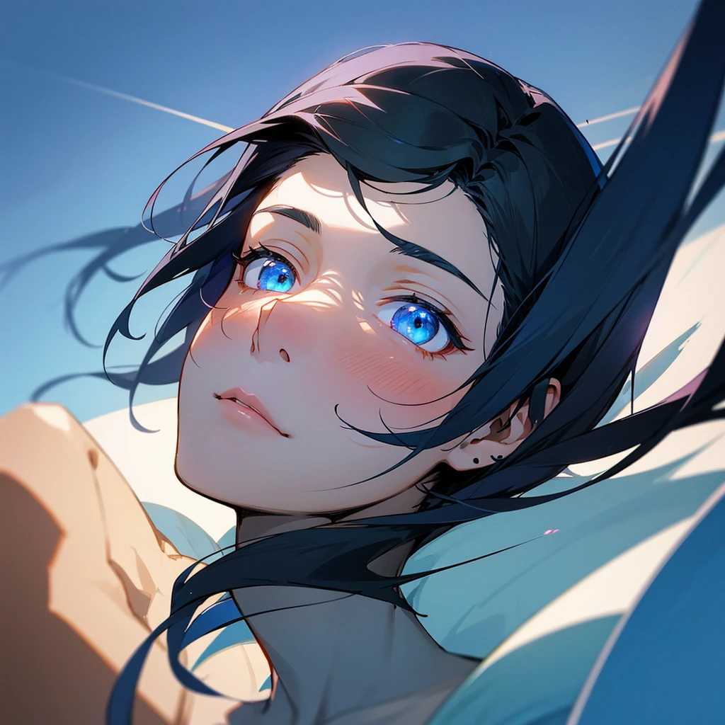 Picture of the face (not showing the body): anime image of a boy with androgynous, delicate features, fair skin, long dark blue almost black hair, and glowing blue eyes, looking sideways.