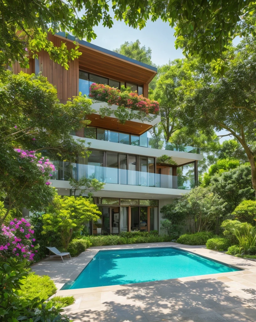 the exquisite beauty of modern style house with nature, flowers, pool, realistic, professional, vivid colors, soft lighting, natural landscapes, detailed trees, colorful garden, gentle breeze, vibrant hues, natural tranquility, lush greenery