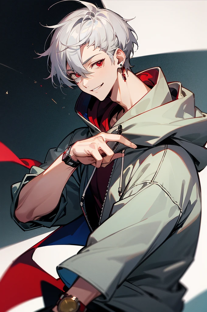 High resolution, 2D anime style,,cool men,red eyes,short hair,silver hair,Fashion wearing a hoodie,Beautiful watch,beautiful earrings,he is smiling a little,
