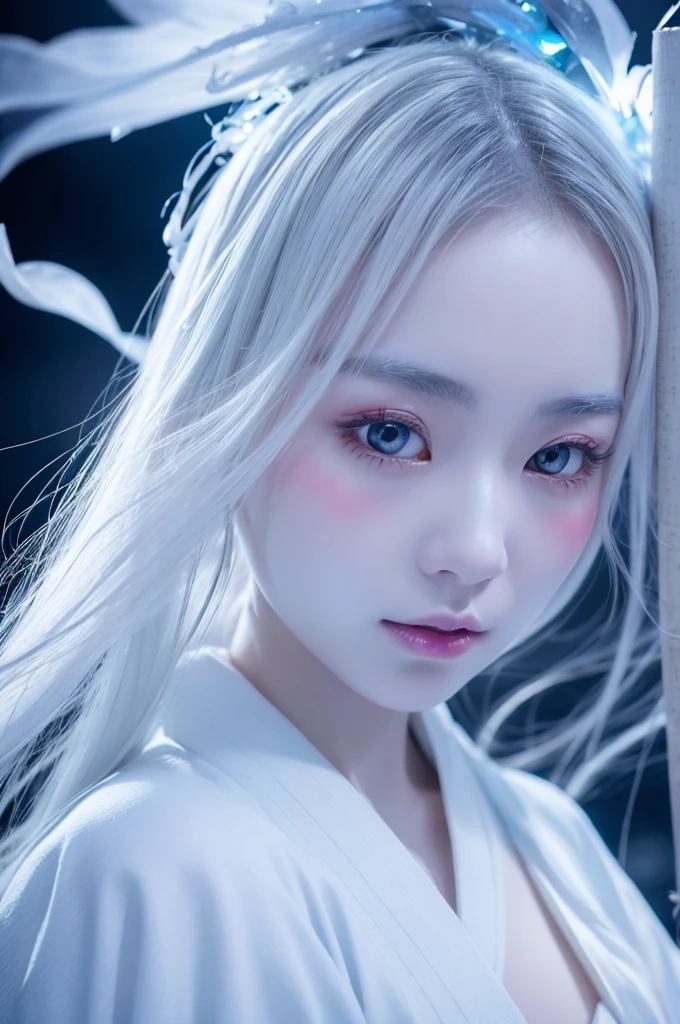 Generate an image of a Yuki-onna, a beautiful woman with pale, translucent skin and icy breath. She wears a flowing white kimono and is surrounded by an aura of cold