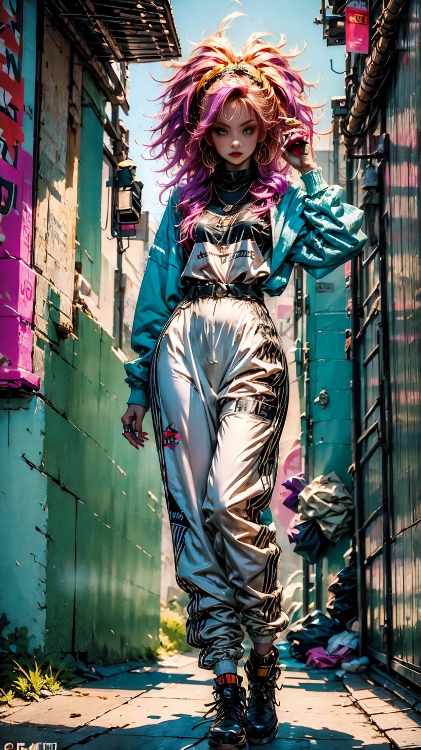((long shot, full body: 1.6)), purple: 1.5, orange: 1.1, green: 1.3, White: 1.3, yellow: 1.3, (rapper girl with scary hair, highly detailed eyes and body and beautiful baggy and baggy clothes :1.6), tattoos, (walls with Graffiti: 1.2), flower, Leaves, born in the mist, lines, leaning on the wall with a spray paint in her hand, action pose, 32K.