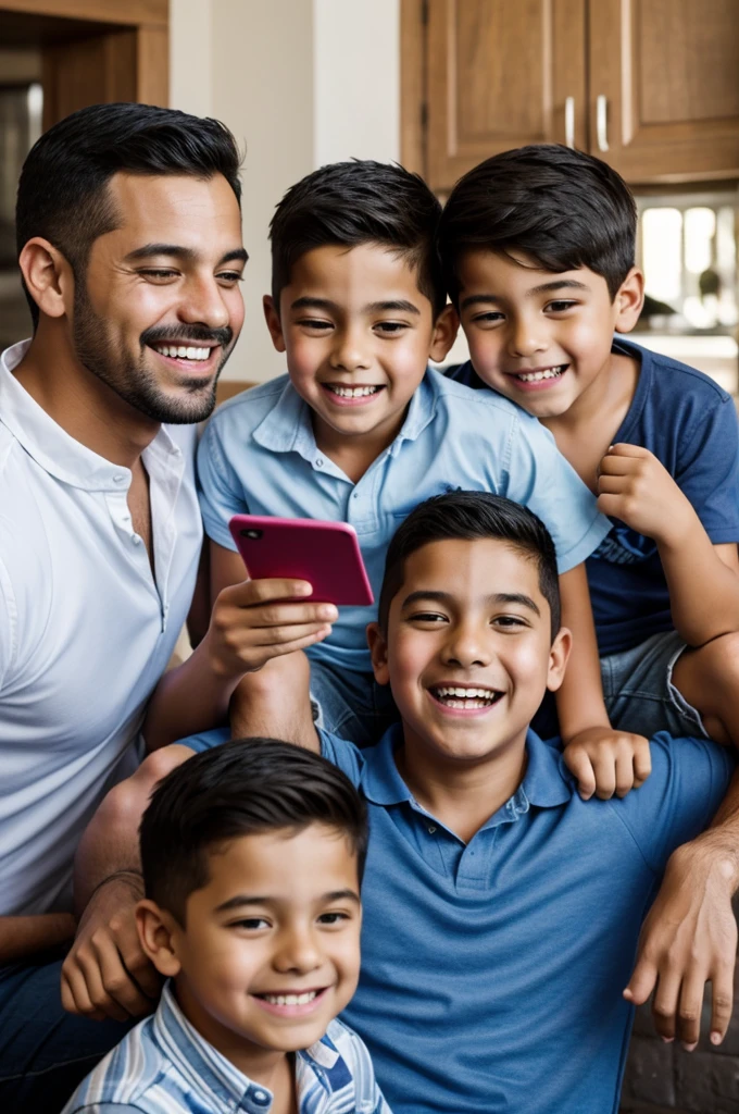 Un padre con sus hijos, celebrating and having a text that says happy father's day and is a cartoon, con un fondo de parque