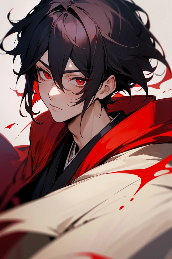 tmasterpiece, beste-Qualit, solo, 1boy, Vermilion hair, , dark kimono, upper-body, portraite of a, bloods, black detailed hair,