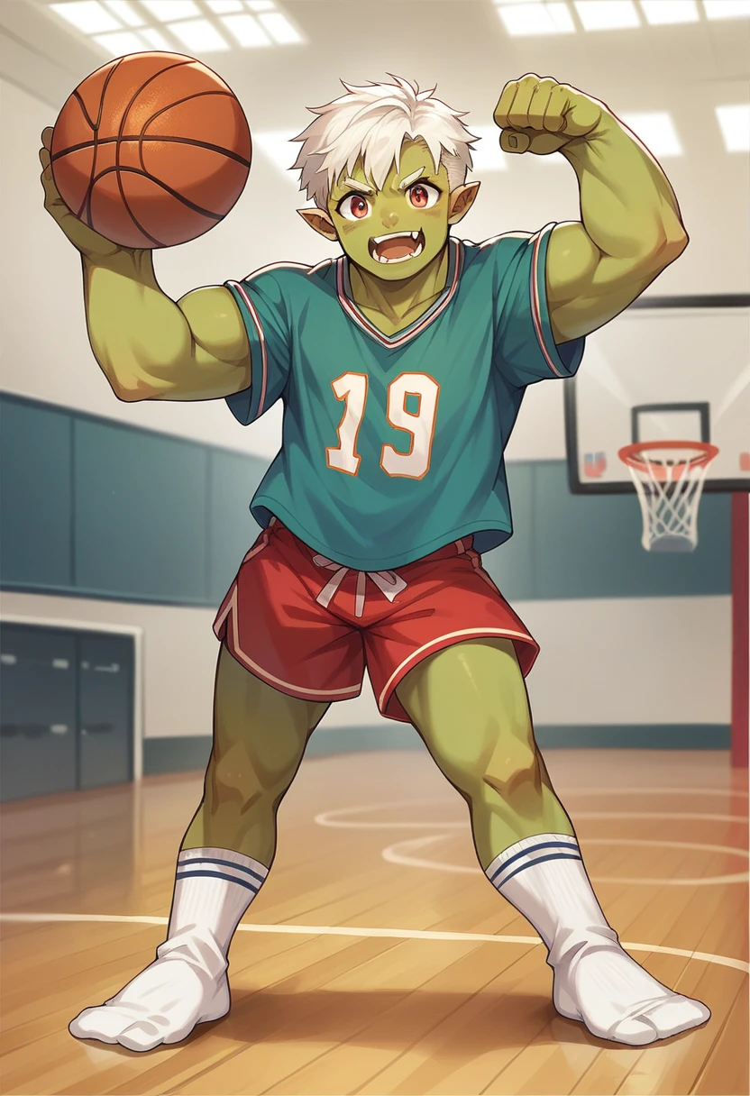 A fat cute bear orc,White hair,White Socks,basketball player,Take off socks pose,No shirt,Fat but strong,masterpiece,Super cute,Eyes are loving