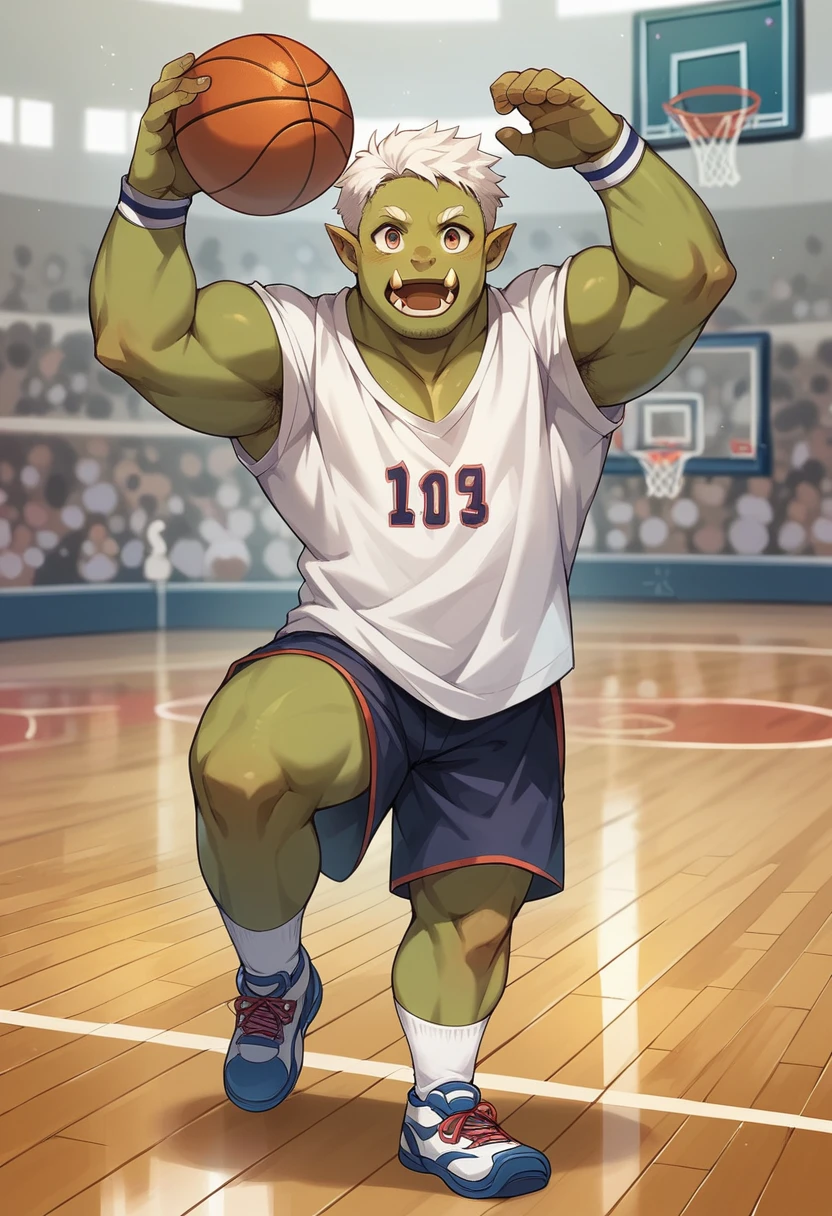 A fat cute bear orc,White hair,White Socks,basketball player,Take off socks pose,No shirt,Fat but strong,masterpiece,Super cute,Eyes are loving