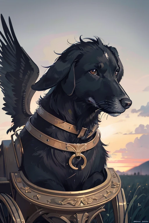 A black labrador in a specialized dog with wings in carriage for disabled without hind legs, in a field background, detailed dog portrait, extremely detailed face, detailed eyes and nose, extremely detailed fur, photorealistic, 8k, ultra-detailed, realistic, highly detailed, cinematic lighting, natural lighting, shallow depth of field, soft colors, warm t