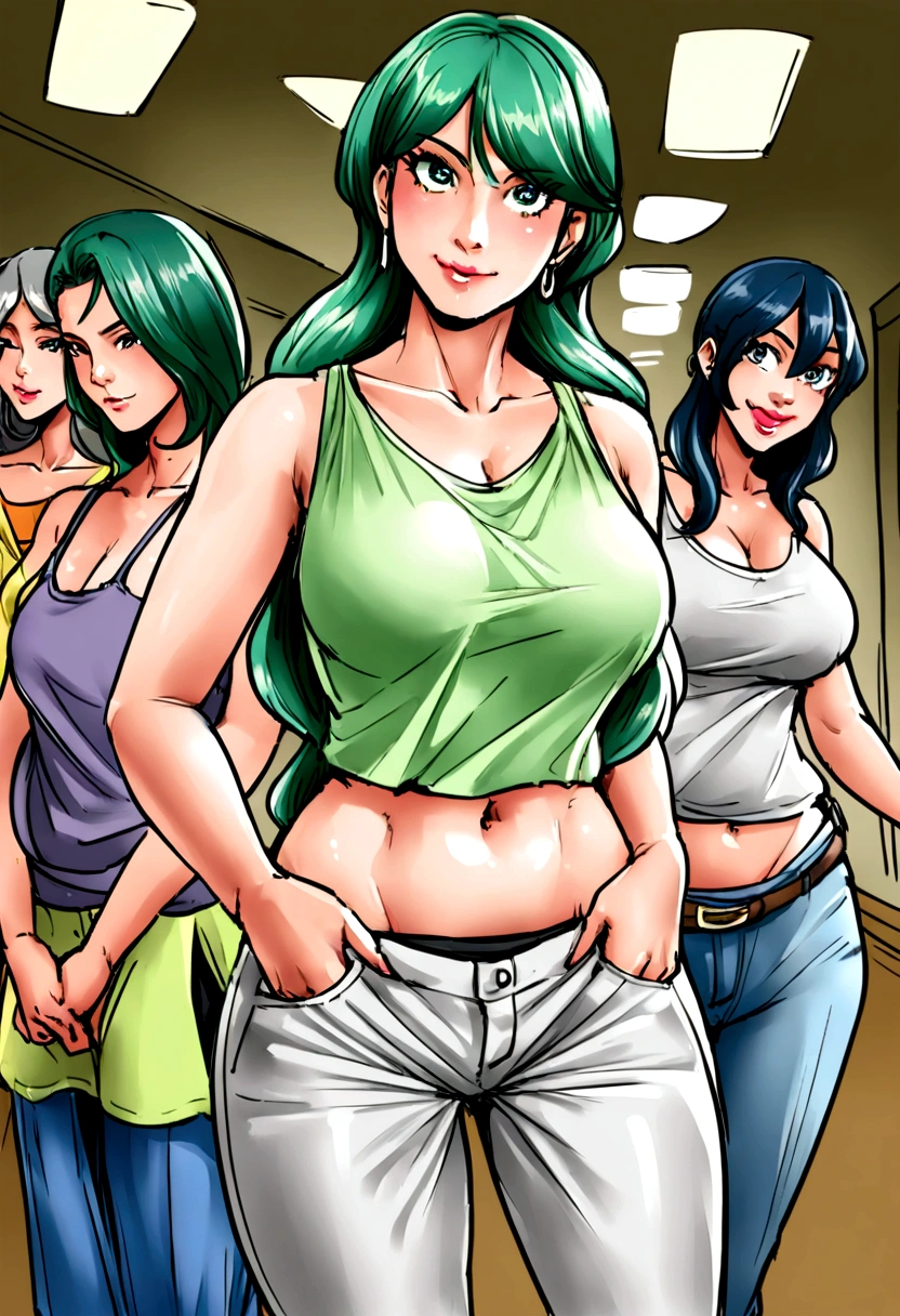 5 mulheres de 50 anos, loiras, dressed in pants, ou saias e todas com camisas amarelas do Brasil, make the picture funny, colocar a bandeira do Brasil e uma Toyota Hilux.