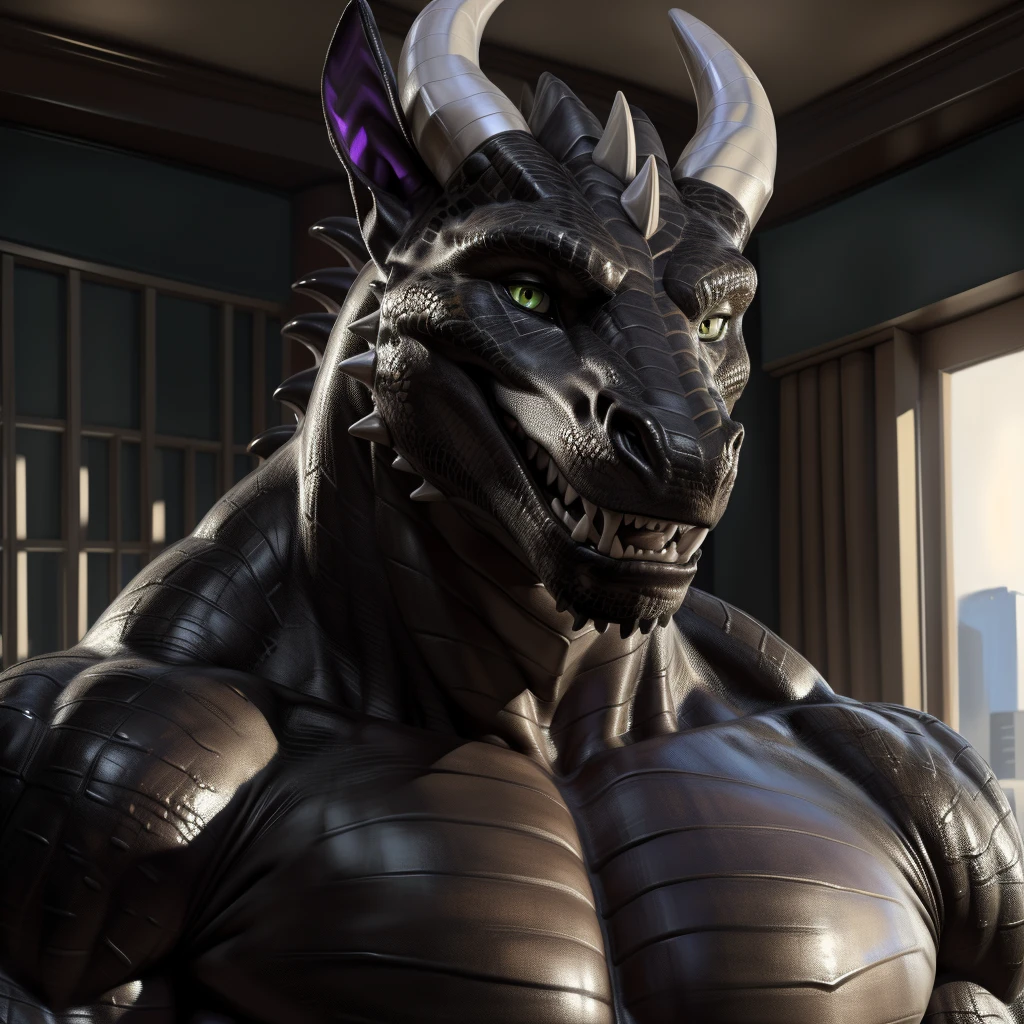 uploaded on e621.net, (best quality, masterpiece, highres, HD, 16k, textured skin, high detail)+, (ultra realism shading, photorealistic)+++, anthro, (dragon)++, (black body)++++, (purple pectorial muscles)++++, (purple abs)++++, (face close-up shot)++, (serious face)++, (mouth wide open)++, (gray horns on head and jaw), big muscles, male focus, male, gay, handsome, (male solo)++, bedroom, tall, (detailed yellow eyes)+, looking at viewer, (correct anatomy)+, (art by kaynine, chunie, darkgem, ffffolder)+