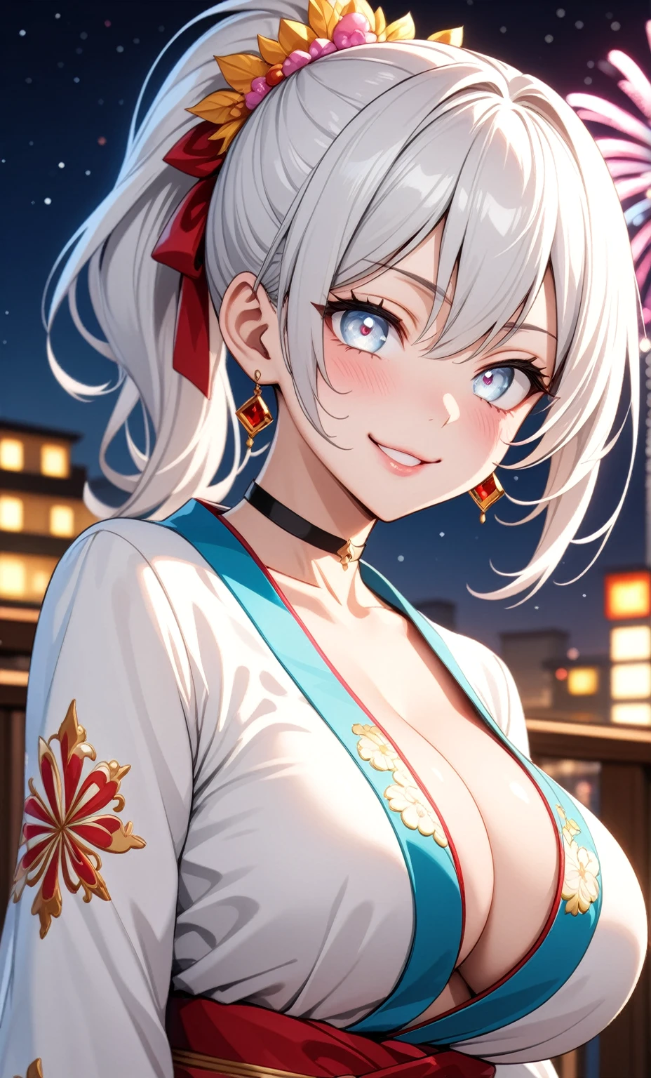 ((One personの女性)), Beautiful Face,Laughing shyly,((Wink:2.0)),Laugh with your mouth wide open((Bright red cheeks:1.4)),Glossy pink lips,night,rooftop,Festive decorations,You can see the ocean, firework,Laughing with your mouth open,Glossy pink lips,Lighting on the face,((Anime style background)),masterpiece, Highest quality, so beautiful,Latest, Complex details, (Pink long nails),(ring),(bracelet),(choker),AI-generated, Complex,High resolution, Highest quality, super high quality,3D Images、View your viewers、3D Images,One person,Long white hair,High Ponytail,(blue eyes),Anime woman posing for a photo, ((Fine grain、Silvery white colorful eyes、Shining Eyes:1.4)),(Squint your eyes:1.1),a hyperRealistic , hyperRealistic , Realistic,Anime woman with long and white hair, Smooth anime CG art, A woman in a colorful kimono with gold embroidery, (Black long sleeve kimono),Red floral pattern,Long flower hair ornament,Big earrings,Mature Body,(Big Breasts:1.1),Tall,Abdominal muscles,Narrow waist,(Zoom in on face:2.0),(Shooting from an angle:1.5),(Tilt the angle:1.3),