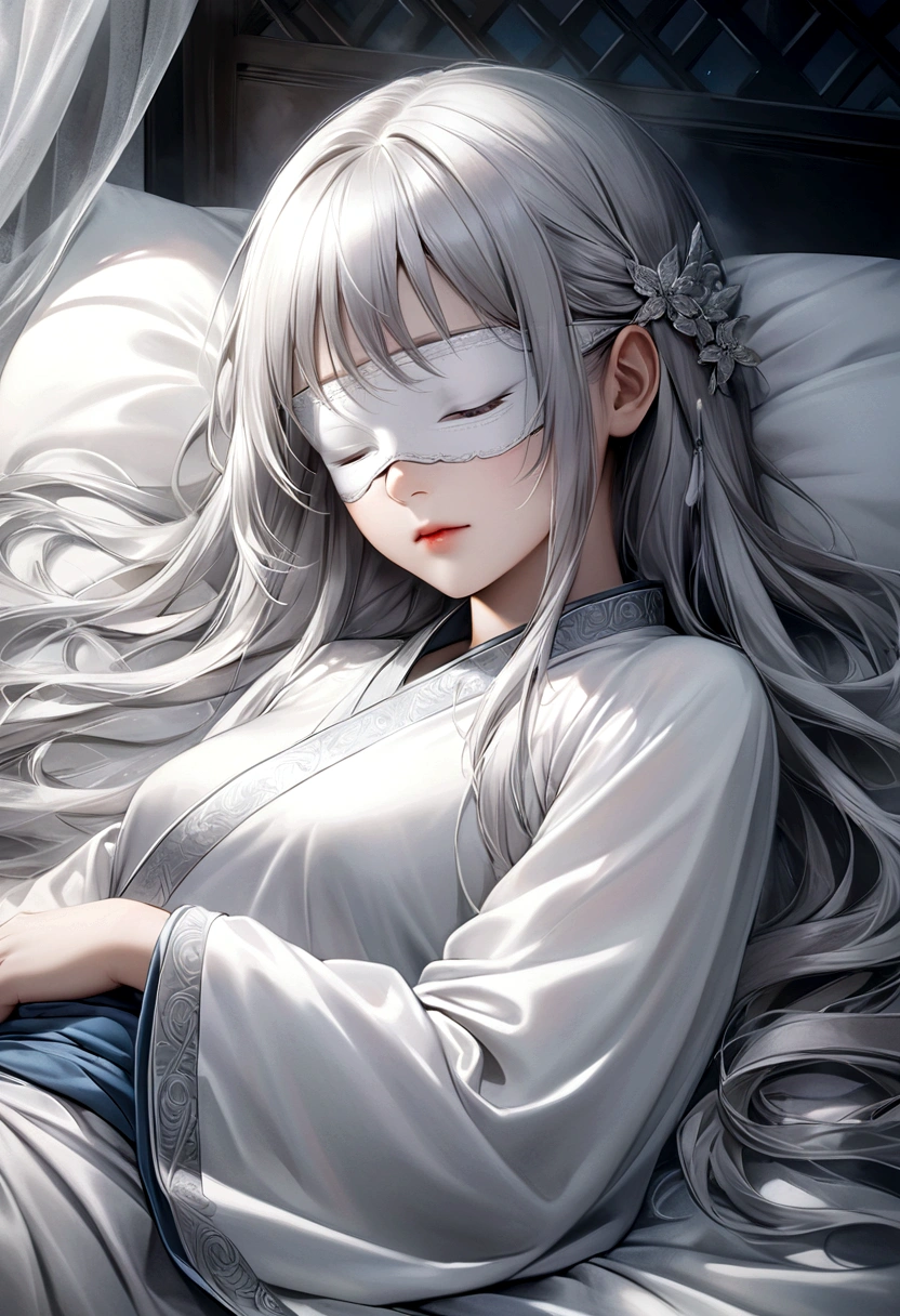 a beautiful and graceful young girl wearing a white blindfold, lying on a bed asleep, wearing a white chinese robe, with flowing silver-white long hair, in a misty, dreamlike, and ethereal environment, with exquisitely detailed facial features, a dreamlike, optical ink wash style, a highly detailed digital artwork, a photorealistic masterpiece, best quality