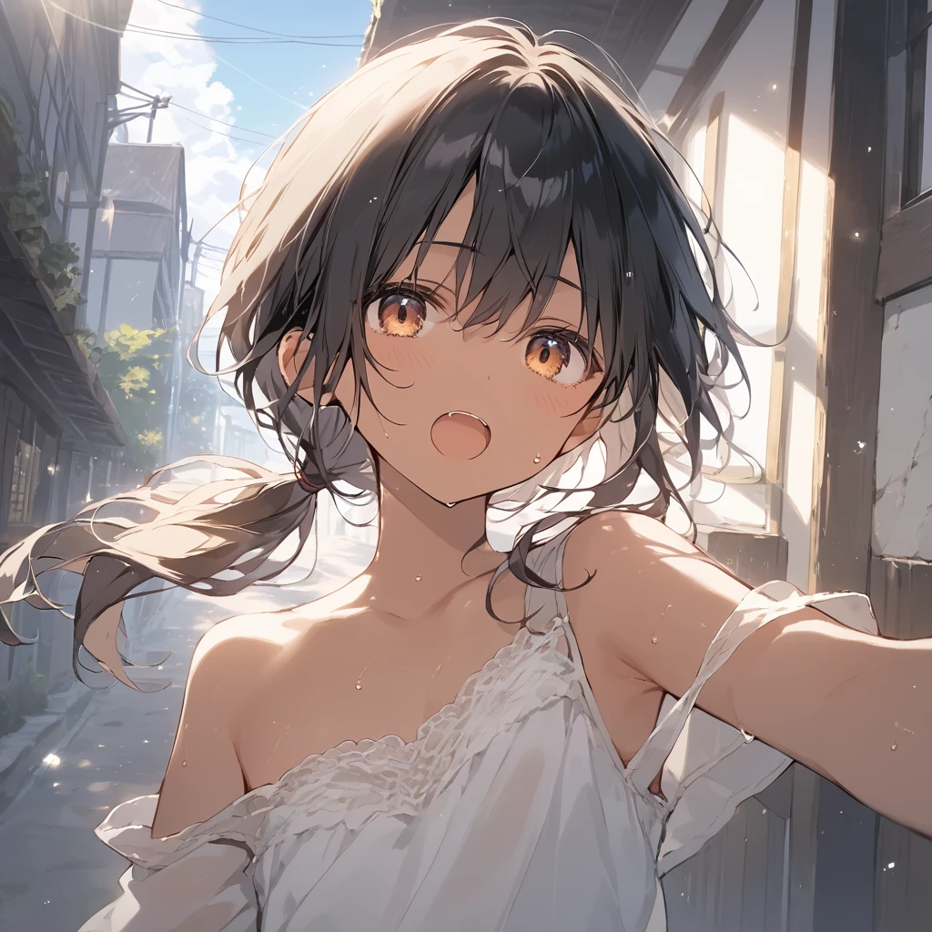 score_9, score_8_up, score_7_up, source_anime, best quality, masterpiece, official art, absurdres, highres, ultra-detailed,waifu2x,Collection: Slice of Life,break,1girl, tomboy, dark-skinned female, short hair, low ponytail, flat chest, beautiful detailed eyes, short shorts, sweat, open mouth, (yawn:0.3), sleepily, outdoors, wind, break,(clear line illustration:1.2),very high resolution, very aesthetic, super detailed skin, Best sexual lighting powered by famous artist, 8k,cute picture,beauty illustration,photoshop_(medium),,(Detailed Lighting),best anime 8k konachan wallpaper, pixiv contest winner,