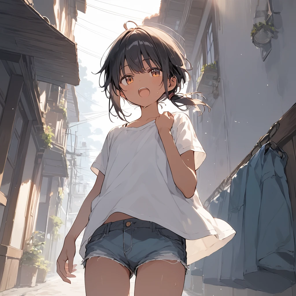 score_9, score_8_up, score_7_up, source_anime, best quality, masterpiece, official art, absurdres, highres, ultra-detailed,waifu2x,Collection: Slice of Life,break,1girl, tomboy, dark-skinned female, short hair, low ponytail, flat chest,  beautiful detailed eyes, short shorts, sweat, open mouth, (yawn:0.3), sleepily, outdoors, wind, break,(clear line illustration:1.2),very high resolution, very aesthetic, super detailed skin, Best sexual lighting powered by famous artist, 8k,cute picture,beauty illustration,photoshop_(medium),,(Detailed Lighting),best anime 8k konachan wallpaper, pixiv contest winner, 
