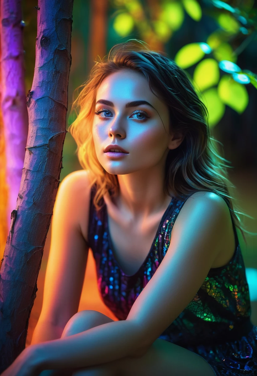 Ultra-detailed portrait of a young charming woman with delicate facial features and expressive eyes, gracefully sitting under a tree in bright neon colors with gobo effect. Bright light and shadows from blinds add visual interest, creating intricate patterns on her face and body. The shadows fall on her in an intriguing and artistic way, creating a gloomy, dramatic atmosphere. The background is bright, but subdued, which gives the scene depth. Drops of water are scattered throughout the scene, capturing and reflecting neon light, creating a mesmerizing, iridescent effect. The overall composition is wild and evocative, reflecting the essence of youthful beauty and mystery