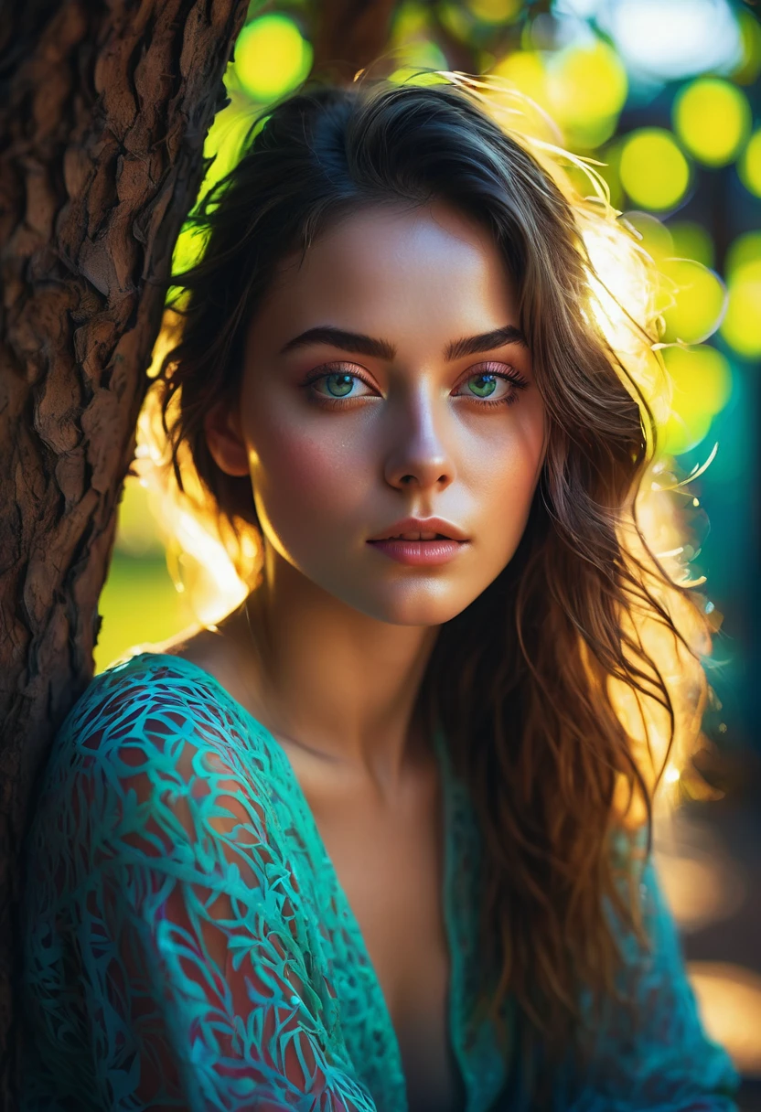 Ultra-detailed portrait of a young charming woman with delicate facial features and expressive eyes, gracefully sitting under a tree in bright neon colors with gobo effect. Bright light and shadows from blinds add visual interest, creating intricate patterns on her face and body. The shadows fall on her in an intriguing and artistic way, creating a gloomy, dramatic atmosphere. The background is bright, but subdued, which gives the scene depth. Drops of water are scattered throughout the scene, capturing and reflecting neon light, creating a mesmerizing, iridescent effect. The overall composition is wild and evocative, reflecting the essence of youthful beauty and mystery