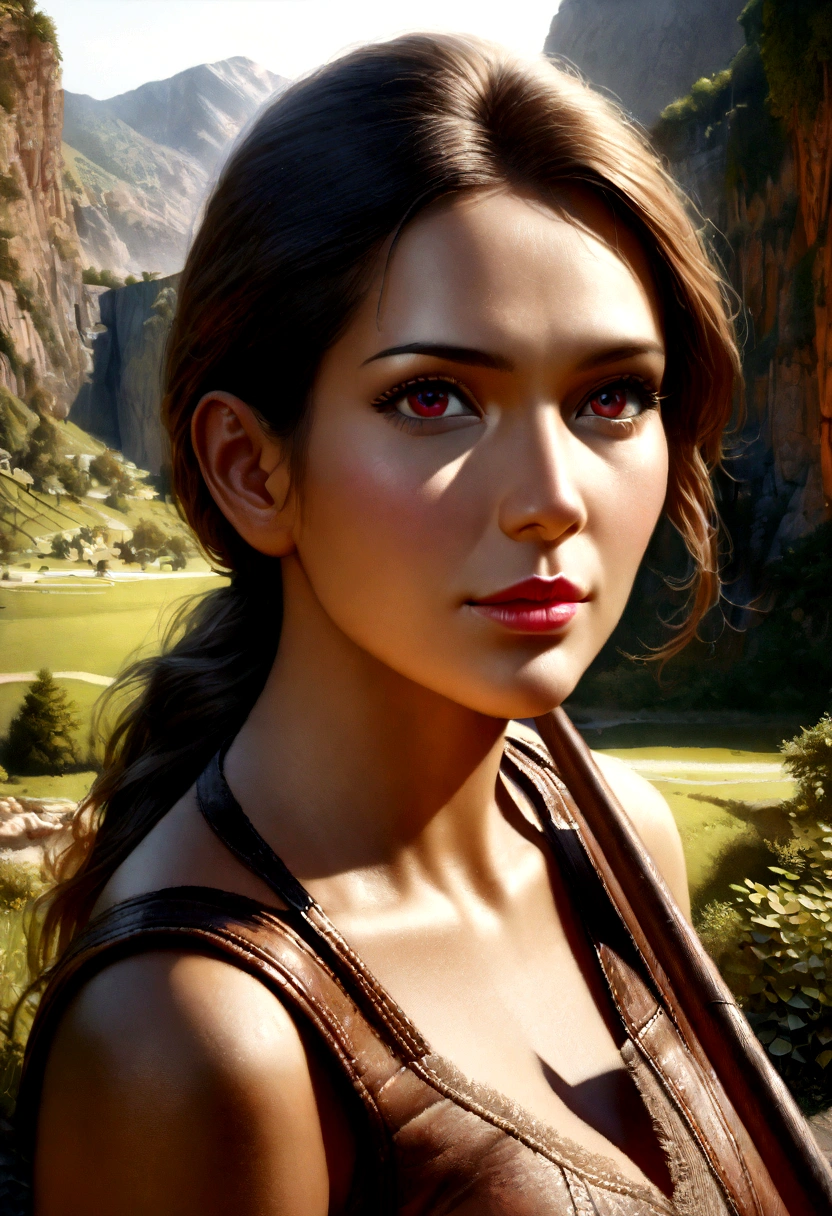 Lara Croft, beautiful detailed eyes, beautiful detailed lips, extremely detailed eyes and face, long eyelashes, holding a flag of France, elegant dress in blue white red color, standing in a picturesque French landscape, (best quality, 4k, 8k, high resolution, masterpiece: 1.2), ultra-detailed, (realistic, photorealistic, photo-realistic: 1.37), portrait, landscape, vivid colors, spectacular lighting