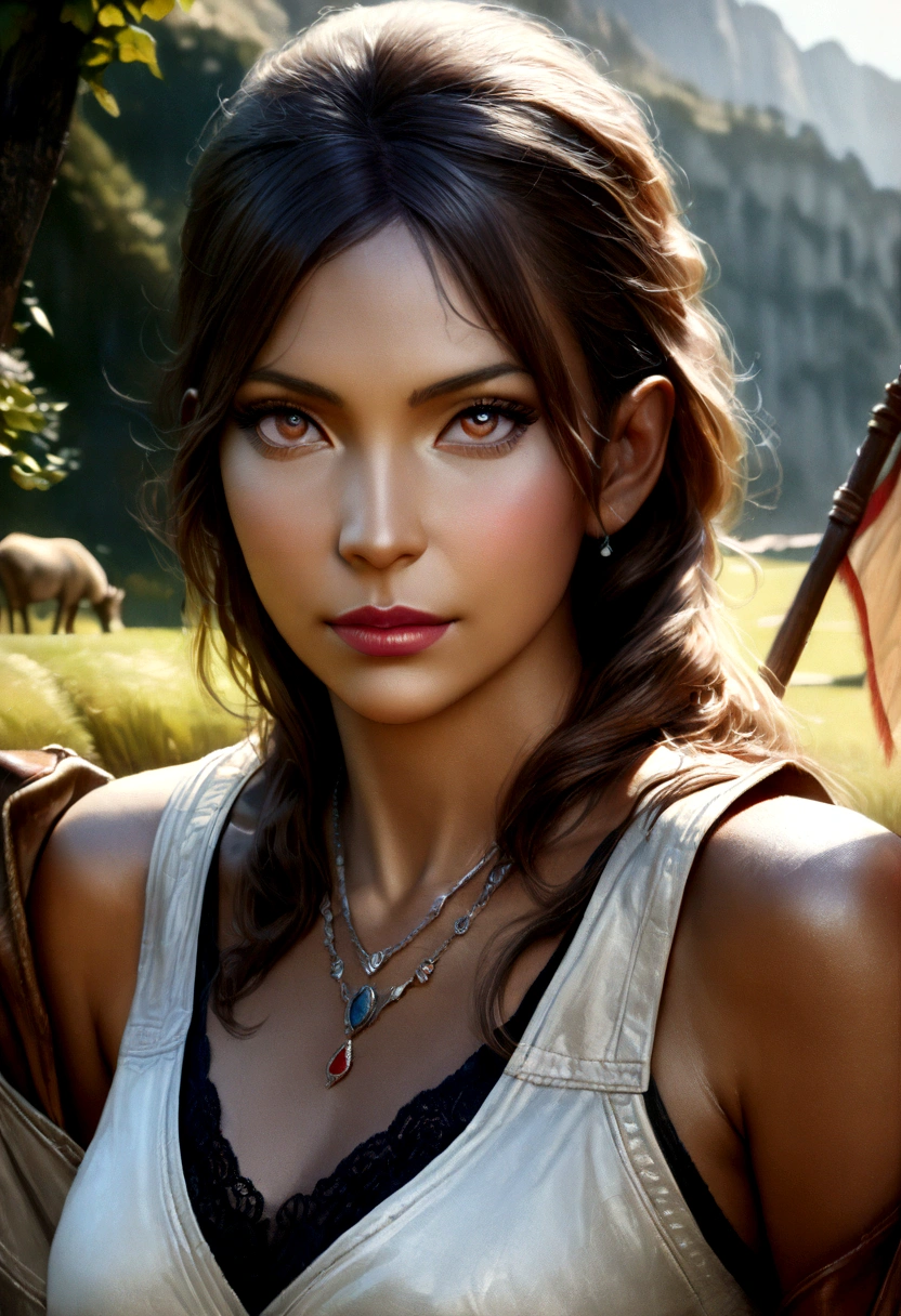 Lara Croft, beautiful detailed eyes, beautiful detailed lips, extremely detailed eyes and face, long eyelashes, holding a flag of France, elegant dress in blue white red color, standing in a picturesque French landscape, (best quality, 4k, 8k, high resolution, masterpiece: 1.2), ultra-detailed, (realistic, photorealistic, photo-realistic: 1.37), portrait, landscape, vivid colors, spectacular lighting