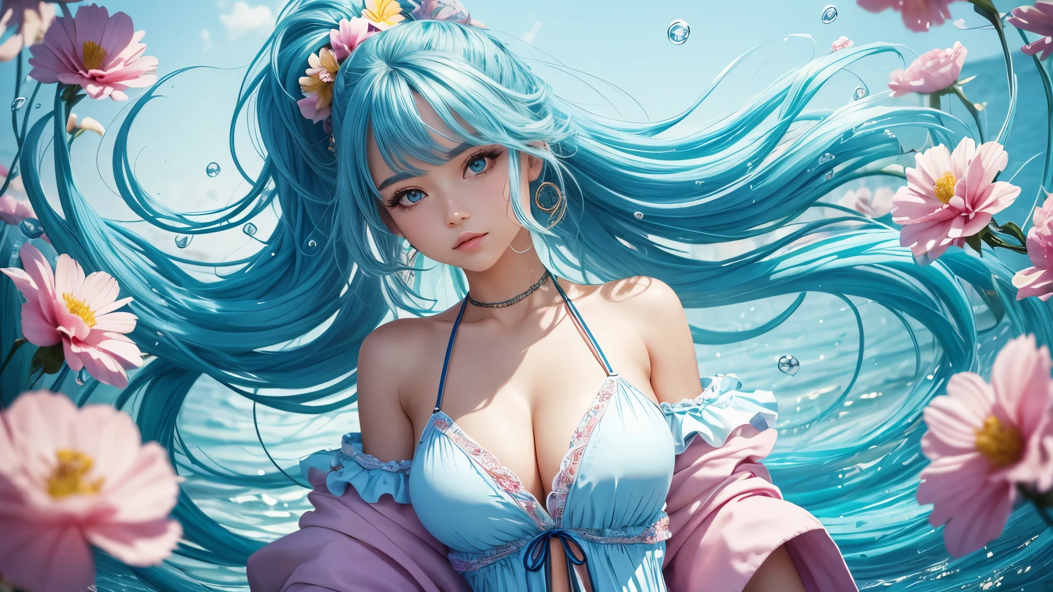 (masterpiece), (Best quality), (ultra detailed),(wild hair),(illustration), (1 girl), (fashion clothes), standing, model, big breasts, (interview), (simple background),beautiful detailed eyes, gentle beautiful face, floating,(high saturation),(colorful splashes),colorful bubble,(brilliant), focus on the face,  ponytails, Kamiasto invited, light blue hair, bang, hair ring, floating flowers, floating hairs, (brilliant), full body, How，better lighting, best shadow,