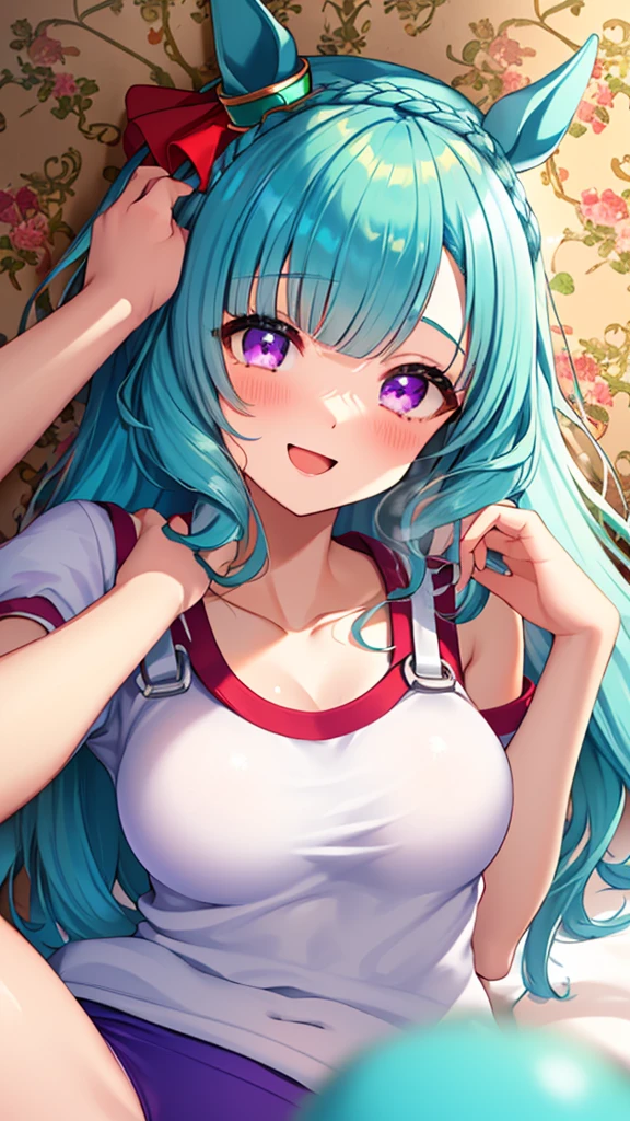 {{{NSFW}}},(masterpiece:1.2),(ultra quality:1.2),(ultra detailed:1.2),(ultra-high resolution:1.2),(very fine 8K CG wallpaper:1.2),Mejiro Ardan\(umamusume\),{1 girl,beautiful girl,cute,smile,kawaii, lovely,blushing,playful expression},sharp focus,oily skin,beautiful detailed hair,glossy hair,(wear school gym uniform:1.5),(lying on the bed:1.2),wear buruma,perfect two legs,(spread two legs:1.2),five fingers,(large breaths),beautiful detailed eyes,jewel like eyes,violet eyes, (two hands behind head:1.1),open mouth,armpits, solo,beautiful navel, looking at viewer,collarbone