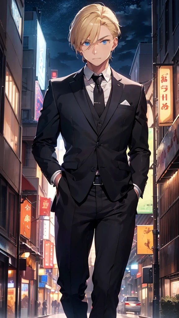 Half-body portrait of a muscular young man, blond hair, blue eyes, wearing a plain black suit. Turn around and look back at the half-body image, colored lights, look back. city view at night
