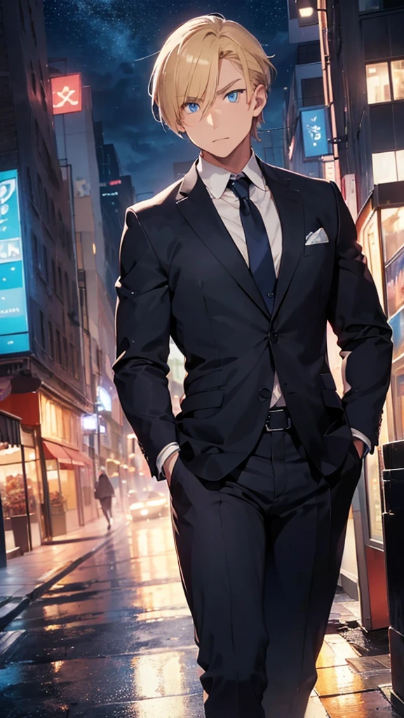 Half-body portrait of a muscular young man, blond hair, blue eyes, wearing a plain black suit. Turn around and look back at the half-body image, colored lights, look back. city view at night