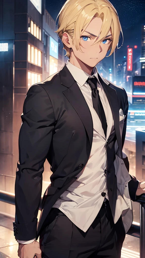 Half-body portrait of a muscular young man, blond hair, blue eyes, wearing a plain black suit. Turn around and look back at the half-body image, colored lights, look back. city view at night