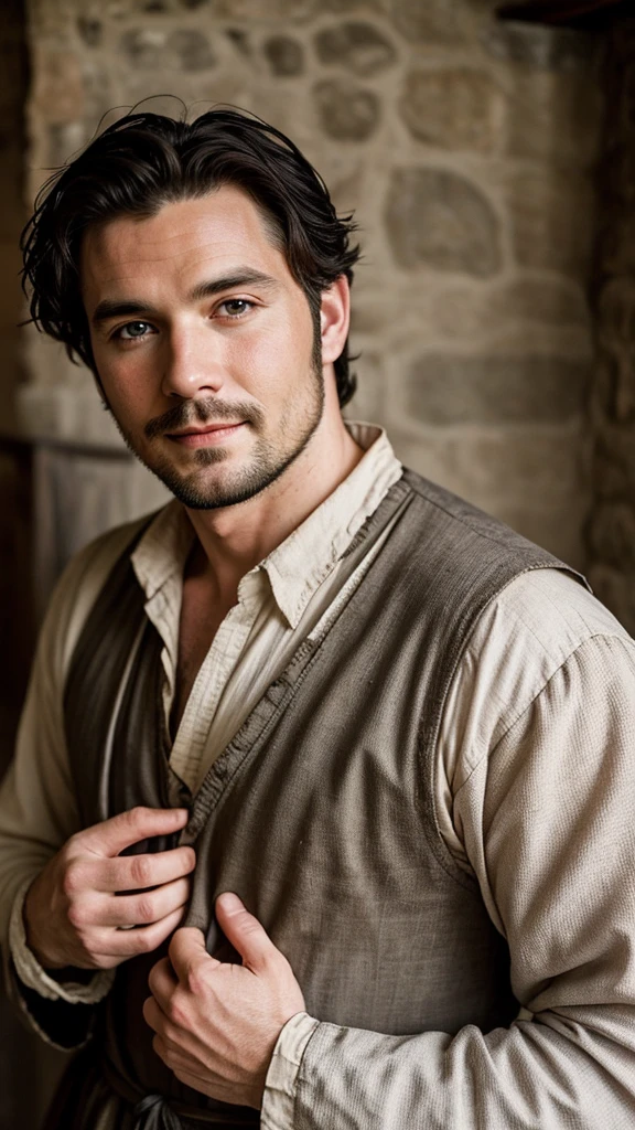 A sexy but innocent looking man, he is tired after work, he is dirty , 15th centuries ,wearing old and worn-out peasant clothes, handsome face, mediaeval period,black hair , homoerotic, , looking at camera, seductively,