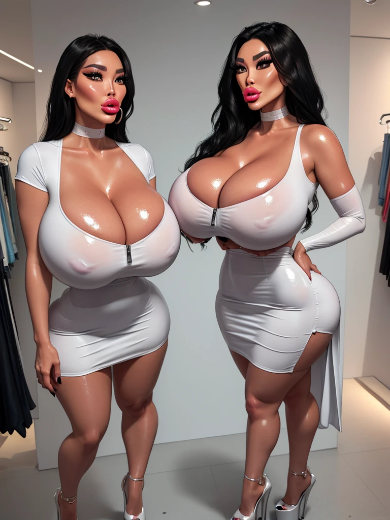 (((1girl))), (((Bimbo))), female, ultra detailed face, (((slutty face huge lips))), ((((bimbo)))), (((puffy lips))), ((upturned nose)), (((big breasts implants))), (((massive ass))), ((thicc hourglass body shape)), (visible face wrinkles), (very thick legs), (((very thick thighs))), very long shiny black straight hair, ((super tight white rubber dress, fastened at the front, single zip, without sleeves, large neckline, ankle platform high heels)), cinematic lighting, ((photorealistic)), 4k resolution, (((masterpiece))), highres, (best quality), ultra detailed eyes, ((( standing in clothing shop))), (((heavy makeup, long thick fake eyelashes))), ((((slutty asian face)))), (((botox face))), (((botox cheeks))), ((((bimbo lips and mouth)))), (((fake long shiny eyelashes))), ((16k quality)), full front shot