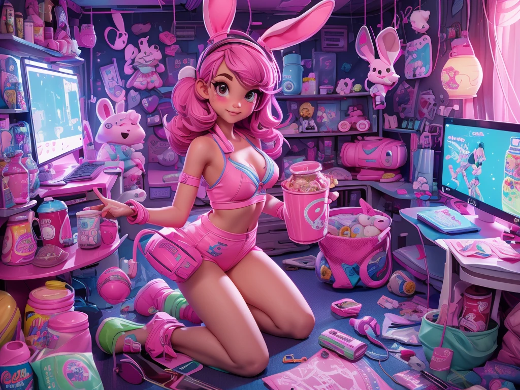 age bunny girl dirty room at night, retro old pink bed, bras, panties, underwear scattered, PlayStation 5 and controller, PC and monitor, bunny art on display monitor, window, pink and blue light entering the room, junk food, cup noodle and DRINK jars and cans are scattered, trash cans are overflowing. The walls are bare with cables and wiring, only the appliances are futuristic, sparkling dust is flying around the room, night, HD, 8K, masterpiece, real texture.