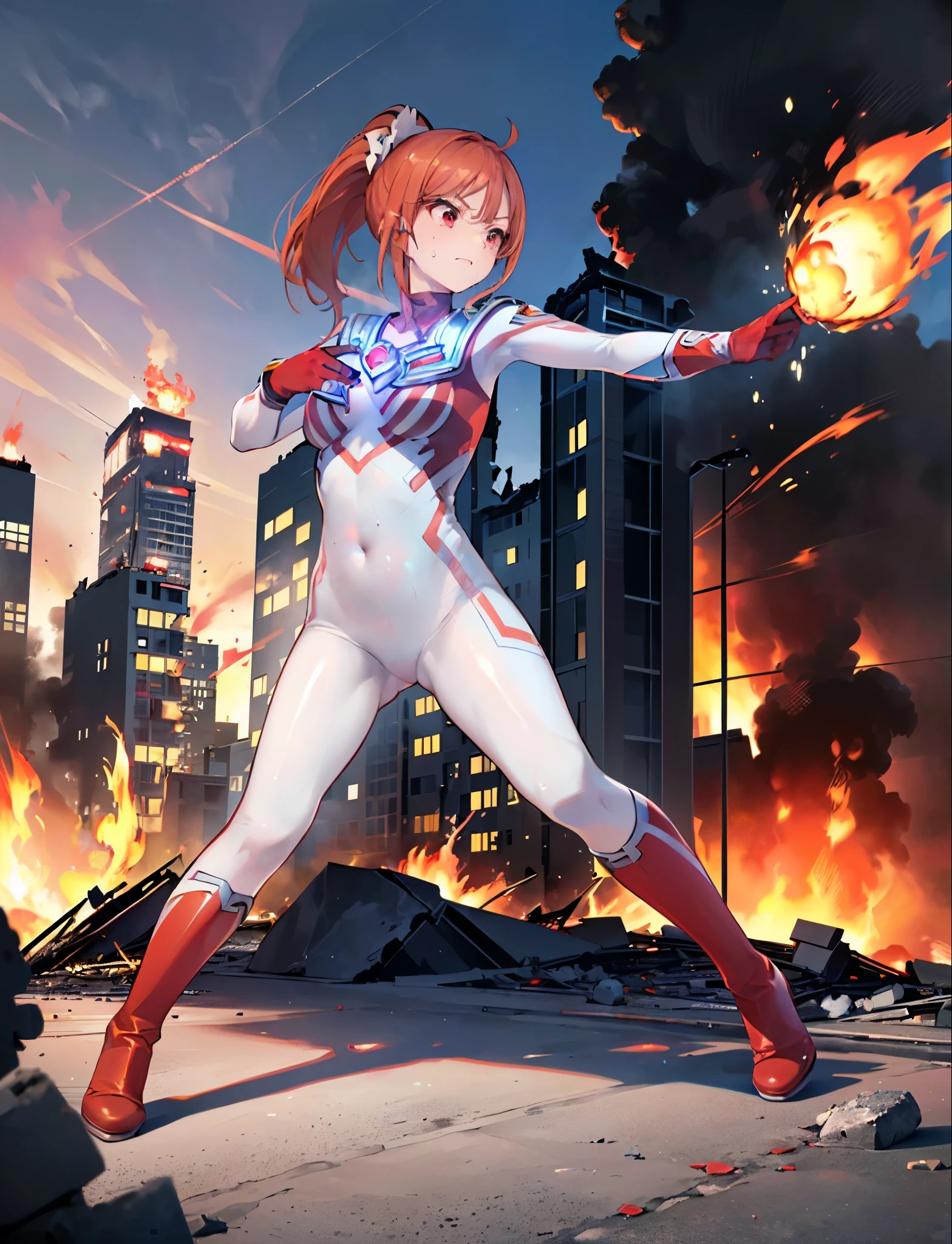 (Close-up:1.3),Realistic,Highest quality, Ultra Detail, High-quality CG rendering, The most delicate and beautiful, Floating softly, High resolution, (1 giant girl), (Highest quality,4K,8K,masterpiece:1.2),(All red hair:1.5), (ponytail:1.5),(Red eyes:1.5), (Ultra Girl:1.0), (All red Ultraman bodysuit:1.4),(Do not expose your skin:1.5),(Slightly larger breasts:1.5),(Clenched Fist:1.2),(Fighting pose with both hands in front of the chest:1.3),(Red gloves:1.3),(Red Shoes:1.3),(whole body:1.3),(Are standing:1.3),(A city engulfed in flames:1.3),(Buildings in flames:1.3),(Burning Ruins:1.3),(front:1.2),Angry face,Close your mouth,(sweating:1.3)