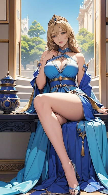 a woman in a blue dress sitting on a stone floor, anime goddess, beautiful alluring anime woman, a beautiful fantasy empress, ((a beautiful fantasy empress)), seductive anime girl, japanese goddess, extremely detailed artgerm, 8k high quality detailed art, beautiful maiden, anime fantasy artwork, yoshitakka amano karol bak, blonde goddess