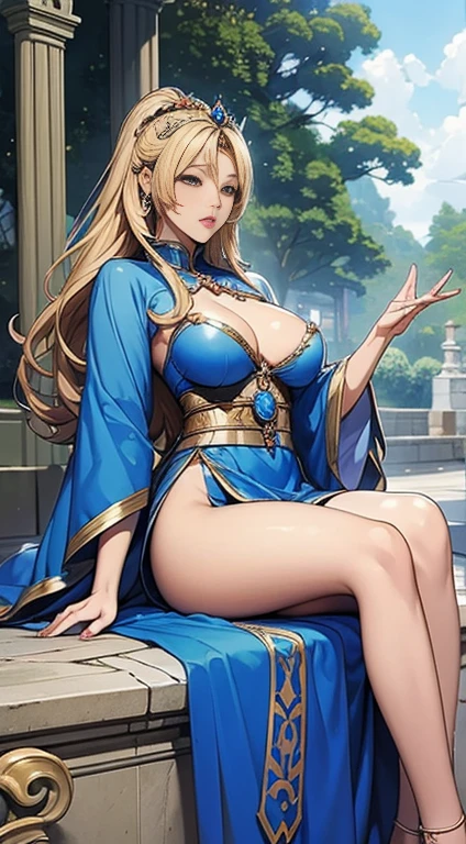 a woman in a blue dress sitting on a stone floor, anime goddess, beautiful alluring anime woman, a beautiful fantasy empress, ((a beautiful fantasy empress)), seductive anime girl, japanese goddess, extremely detailed artgerm, 8k high quality detailed art, beautiful maiden, anime fantasy artwork, yoshitakka amano karol bak, blonde goddess