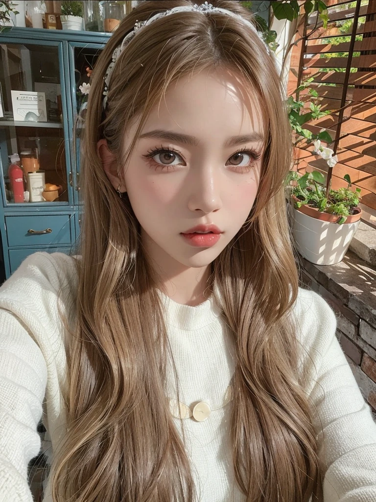 best quality, highest quality, beautiful face, beauty asians, 8k, hd, karina aespa, jennie blackpink, yujin ive, long wavy hair, blonde hair, sexy lips, red lips, natural makeup 