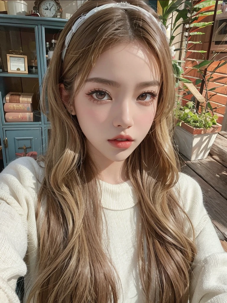 best quality, highest quality, beautiful face, beauty asians, 8k, hd, karina aespa, jennie blackpink, yujin ive, long wavy hair, blonde hair, sexy lips, red lips, natural makeup