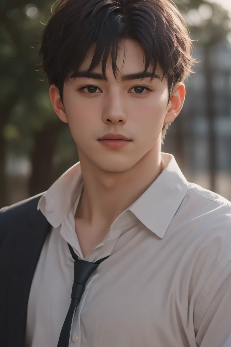 Handsome man portrait, Shoot with Leica, shadow play, Gorgeous lighting, Subtle pastel tones, outdoor ,Solitary，Wearing a white shirt，Gray tie