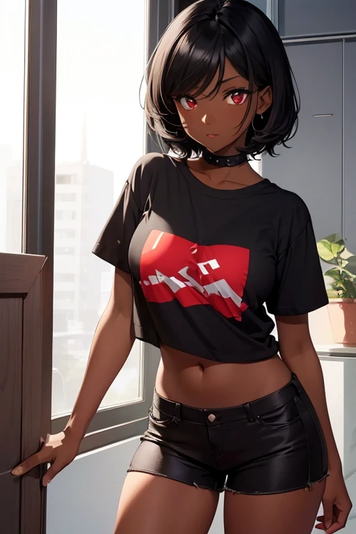{{Girl Dark skin}} (Small Boobs) (Extra short Hair) (Black Hair) (Dark skin) (Red Eyes) (Blusa) (Falta corta)