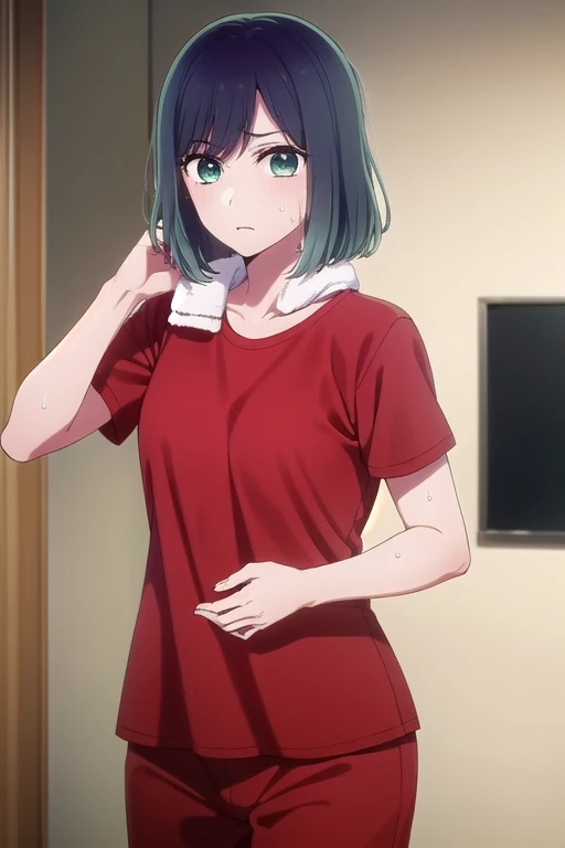 akanekurokawa, akane kurokawa, bangs, (Green Eyes:1.3), Blue Hair, Medium Hair, dark Blue Hair,
break shirt, Short sleeve, towel, T-Shirts, Red Shirt, towel around neck, Sweat pants,
break indoors, mirror, Gym, Sweat,
break looking at viewer, (Cowboy Shot:1.5),
break (masterpiece:1.2), Highest quality, High resolution, unity 8k wallpaper, (figure:0.8), (Beautiful attention to detail:1.6), Highly detailed face, Perfect lighting, Highly detailed CG, (Perfect hands, Perfect Anatomy),