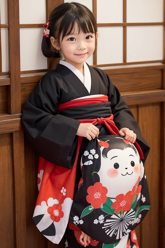 Create an illustration of a Zashiki-warashi, a childlike spirit dressed in traditional Japanese clothing. It has a friendly and mischievous expression, often seen in an old Japanese house
