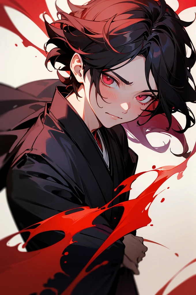 tmasterpiece, beste-Qualit, solo, 1boy, Vermilion hair, , dark kimono,black detailed hair,